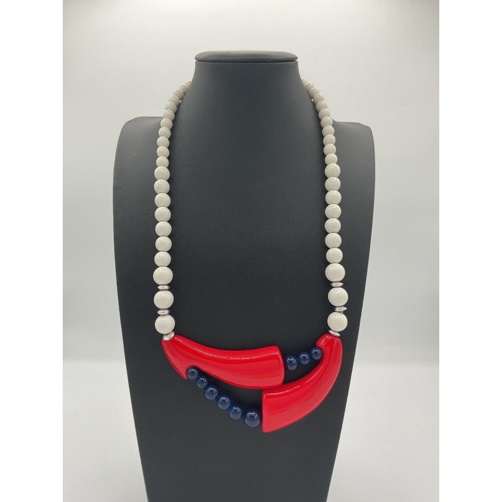 Vintage White Beaded Necklace With Red & Blue Statement Pendant